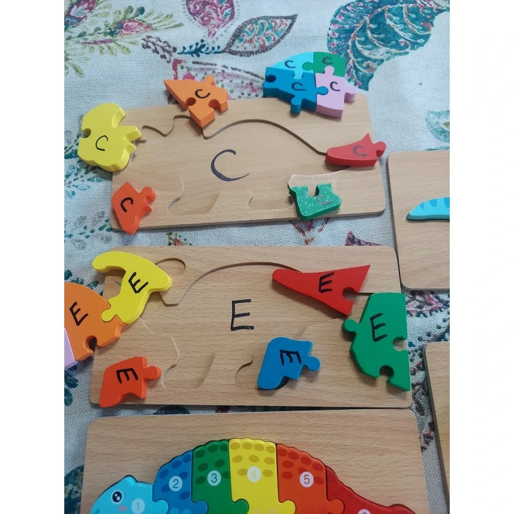 Set of 5 Wood Dinosaur Toddler Number Puzzles 3-5 Montessori Lead-Free Non-Toxic